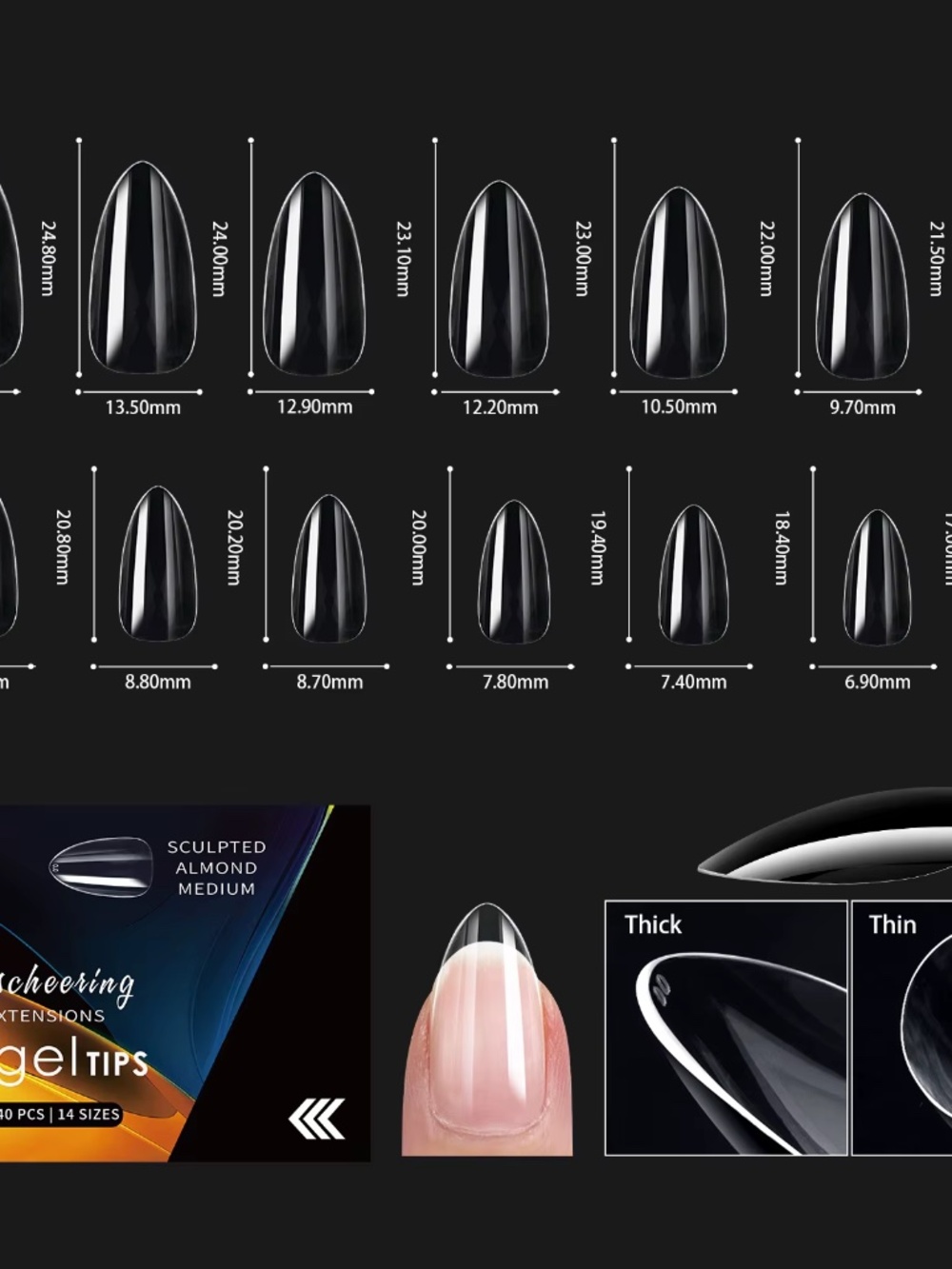 Sculpted False Nail Tips Short Almond 140pcs, individual bags. Built-in Apex